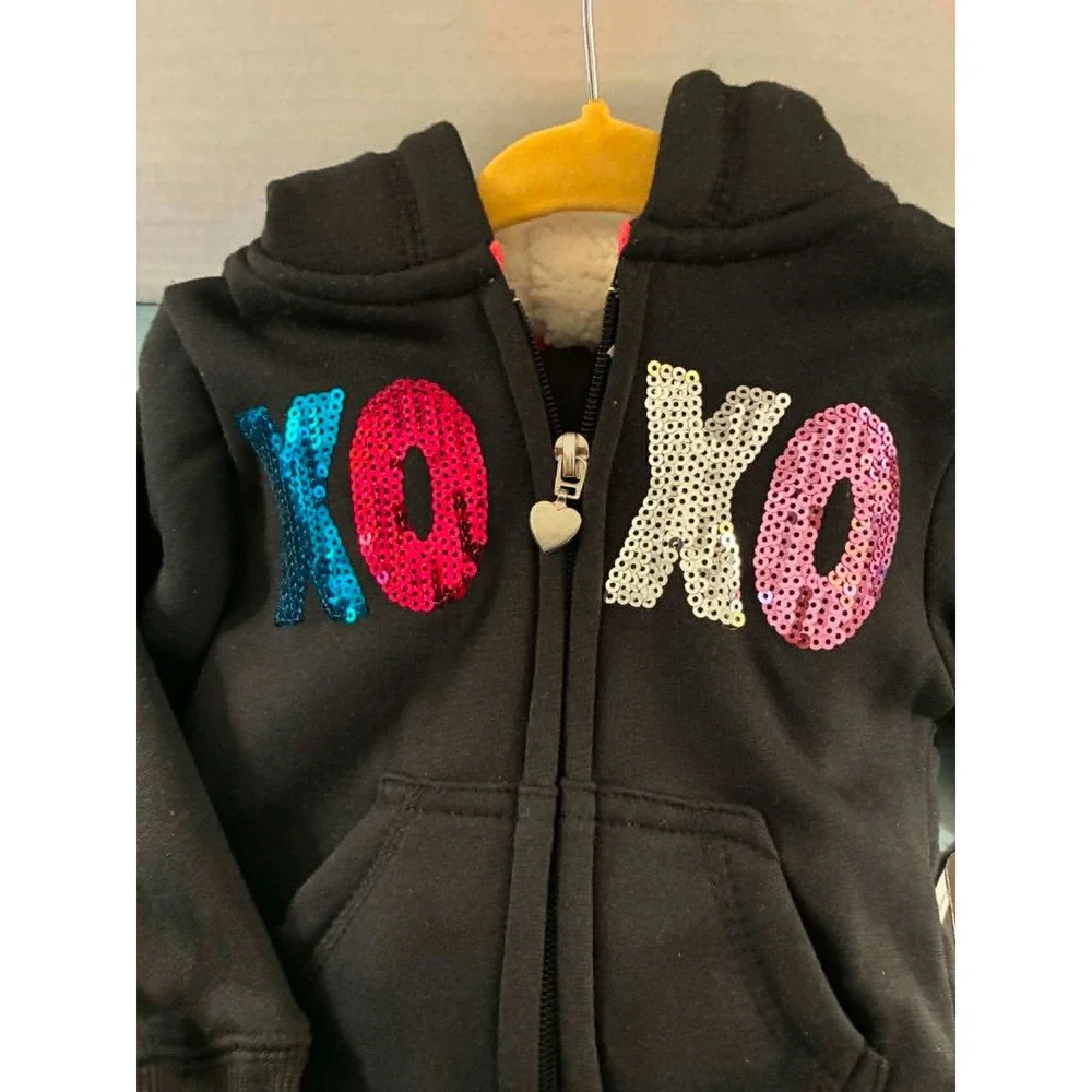 XOXO Hoodie and Joggers Set Toddler 18M Black New Sequin Sherpa Lined Tracksuit